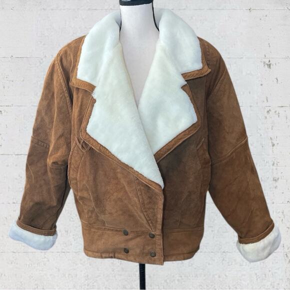 Vintage Karizma Brown Suede Leather Moto Jacket Faux Fur Shearling Size L - Picture 4 of 11